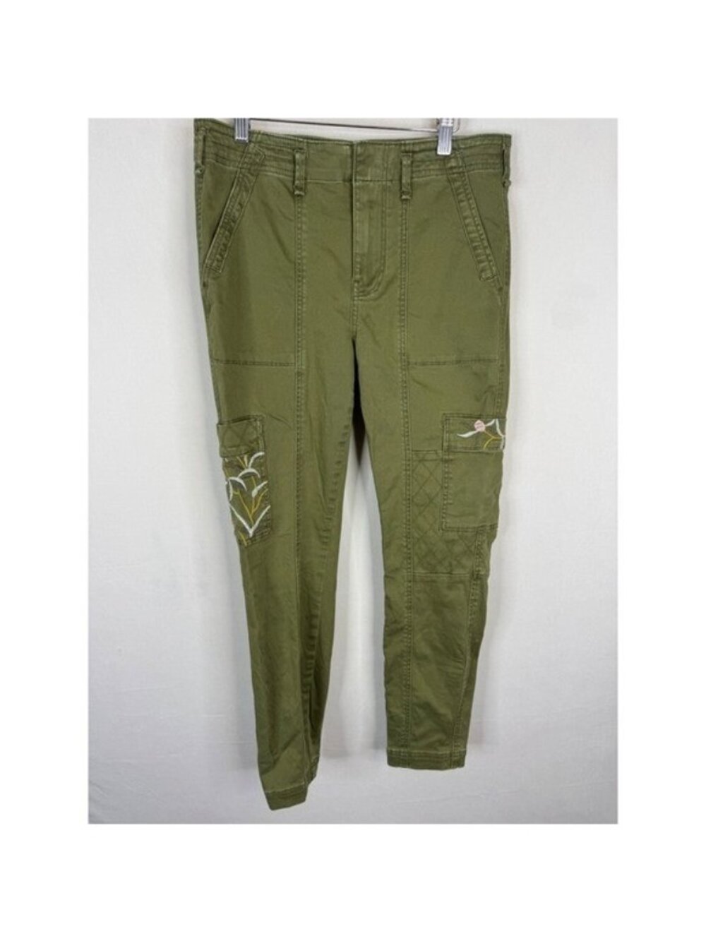 Anthropologie Embroidered Cargo Pants Olive Green Size 29X28